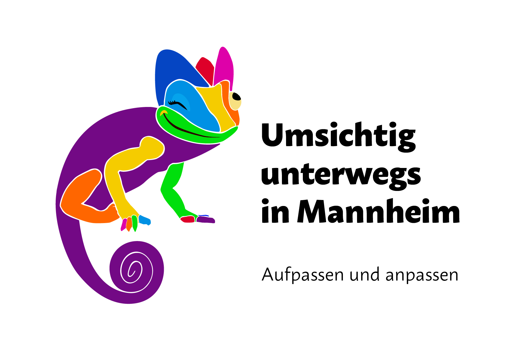 Logo: Ein buntes Chamäleon. Daneben steht: Umsichtig unterwegs in Mannheim. Aufpassen und anpassen 